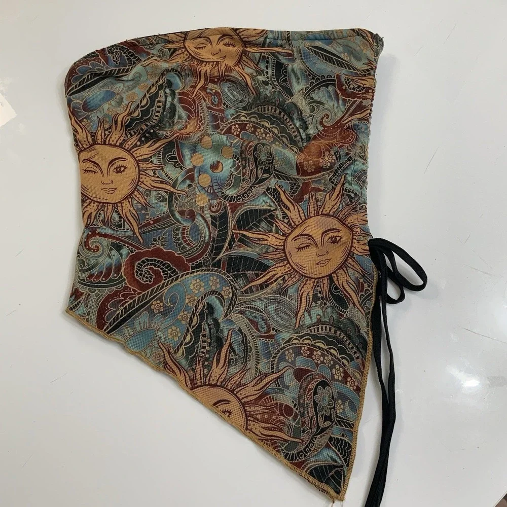 Celestial Sun Paisley Mesh Asymmetrical Ruched Tie Strapless Tube Top Y2K Small - Picture 2 of 6